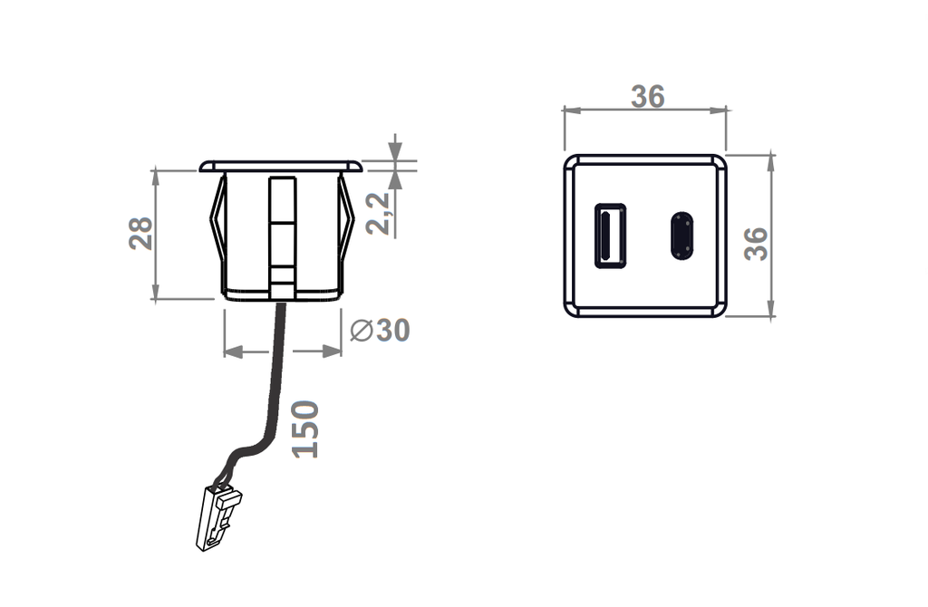 CARGADOR USB-A + USB-C 36X36 MM. 12 V. C/CABLE L150 MM. BLANCO