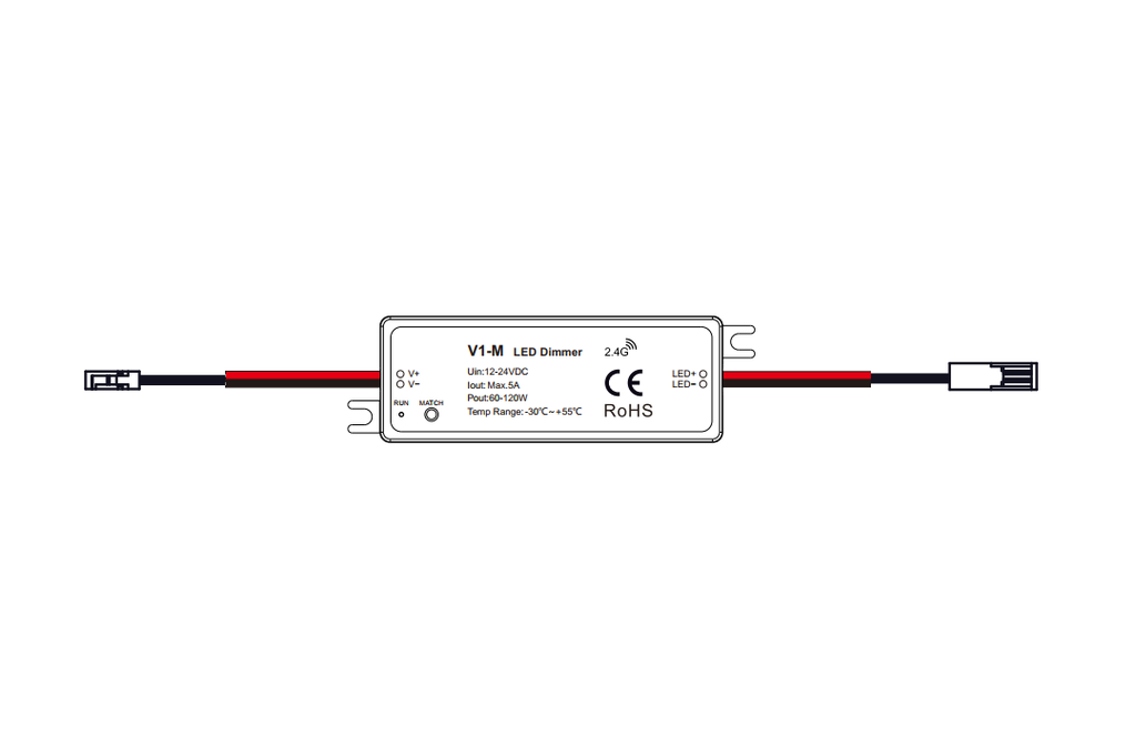 CONTROLADOR LED 12-24V RF 76X9 MM. C/MINI CONECTORES MACHO + HEMBRA BLANCO
