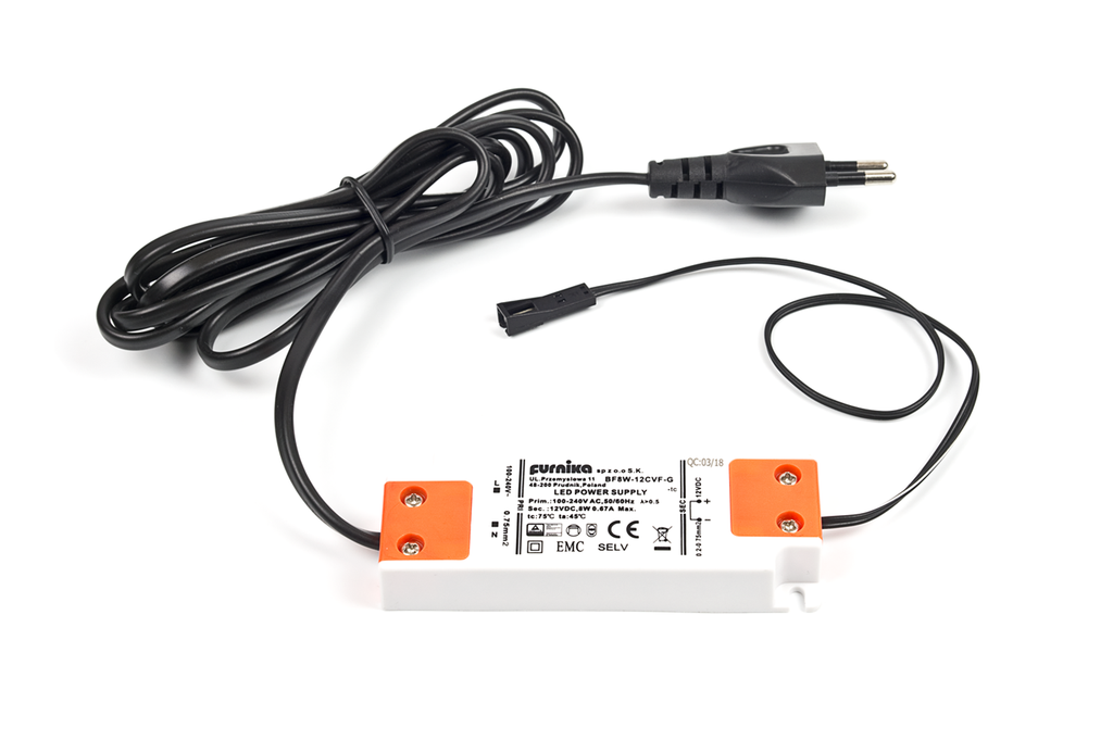 SET TRANSFORMADOR LED "SLIM" 08 W. A/CABLE 2000 MM. A/PLUG FEMELLA BLANC/NEGRE