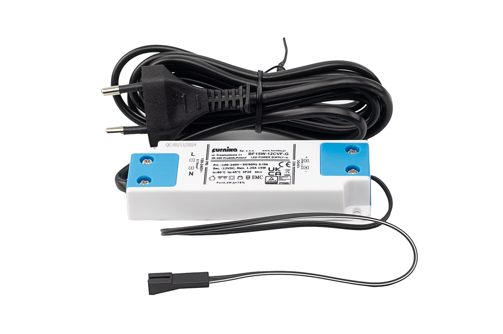 SET TRANSFORMADOR LED "SLIM" 15 W. C/CABLE 2000 MM. C/PLUG HEMBRA BLANCO/NEGRO