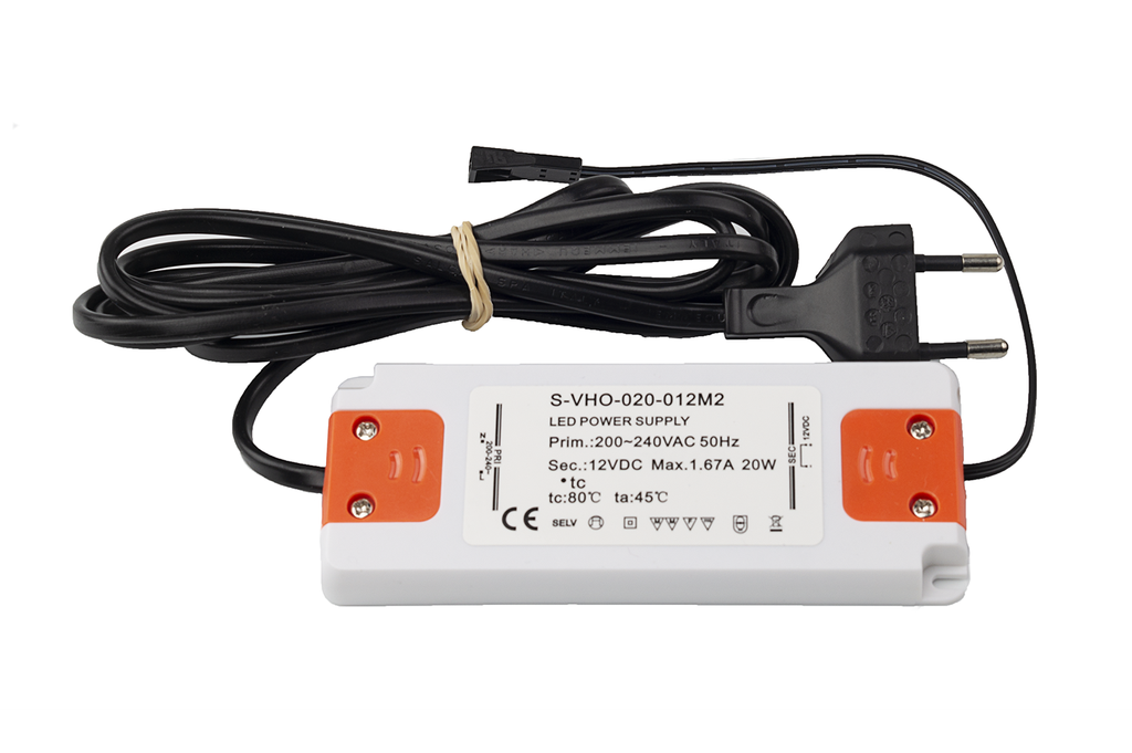 SET TRANSFORMADOR LED "SLIM" 20 W. A/CABLE 2000 MM.A/PLUG FEMELLA BLANC/NEGRE