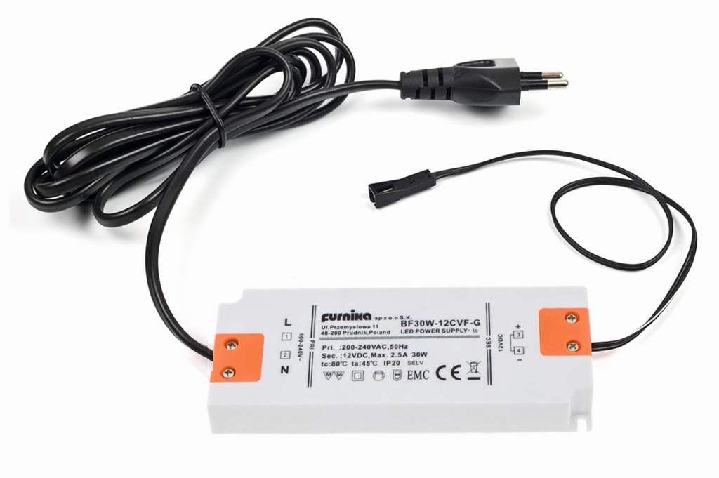 SET TRANSFORMADOR LED "SLIM" 30 W. C/CABLE 2000 MM. C/PLUG HEMBRA BLANCO/NEGRO