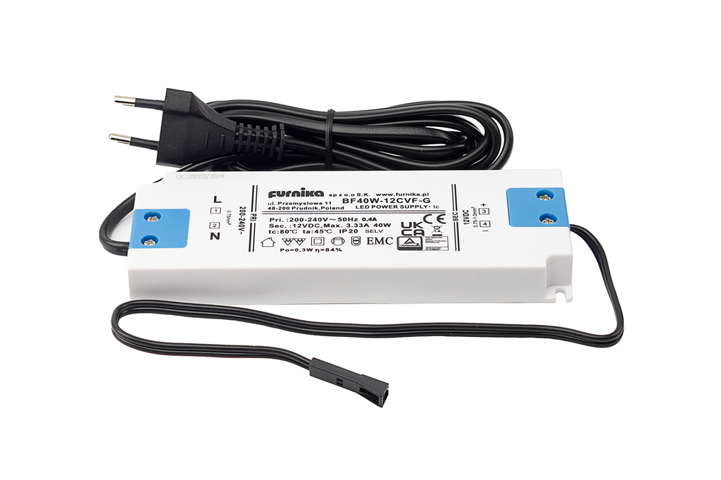 SET TRANSFORMADOR LED "SLIM" 40 W. C/CABLE 2000 MM. C/PLUG HEMBRA BLANCO/NEGRO