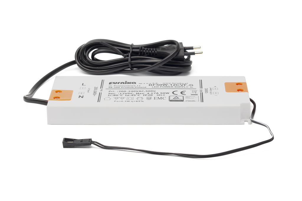 SET TRANSFORMADOR LED "SLIM" 50 W. C/CABLE 2000 MM. C/PLUG HEMBRA BLANCO/NEGRO