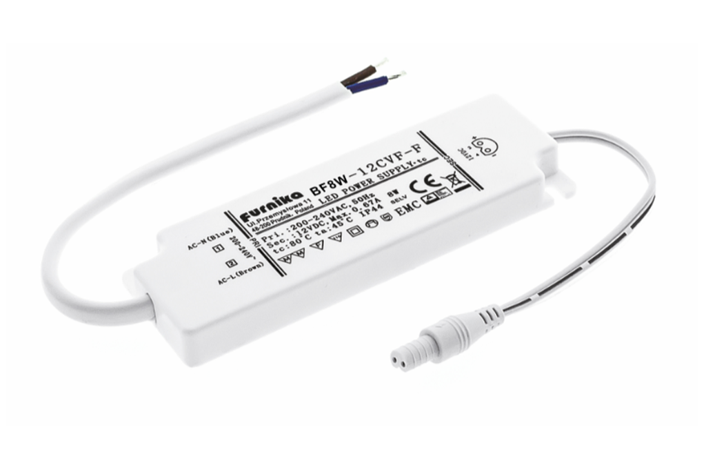 SET TRANSFORMADOR LED "SLIM" IP44 08 W. A/CABLE 200 MM. PTES ESTANYADES A/CONNECTOR FEMELLA IP44 BLA