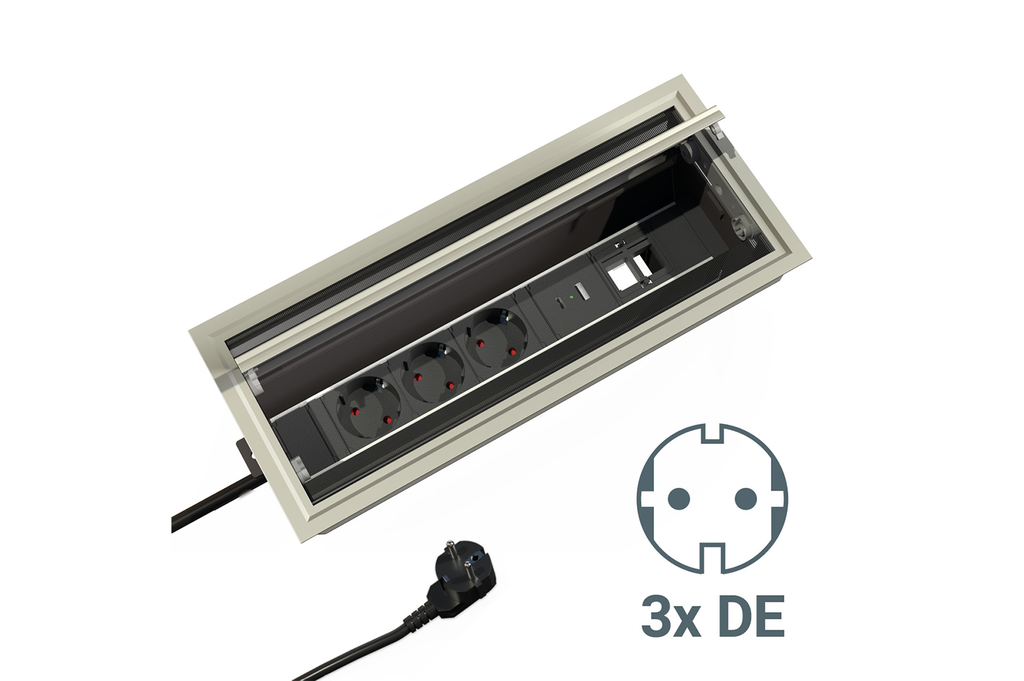 PASACABLES C/MULTITOMA EXIT 90 PLUS C/3 SCHUKOS USB-A USB-C 2 SLOT ALUMINIO