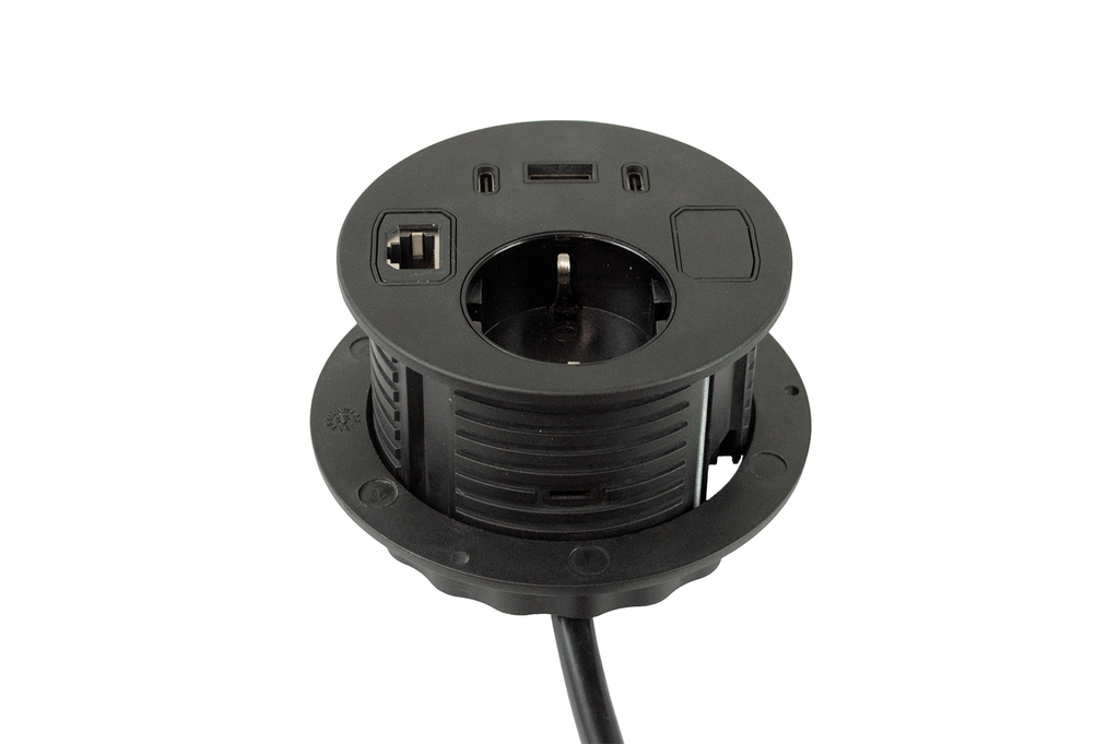 MULTITOMA EXIT SPOT G2 D.80 MM. C/SCHUKO USB-A 2 USB-C CARGA 1 RJ45 1 TAPON CABLE L1500 MM.NEGRO SD